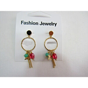 Gold Oval Beaded Chain Star‎ Dangly Earrings Boho Festive Round